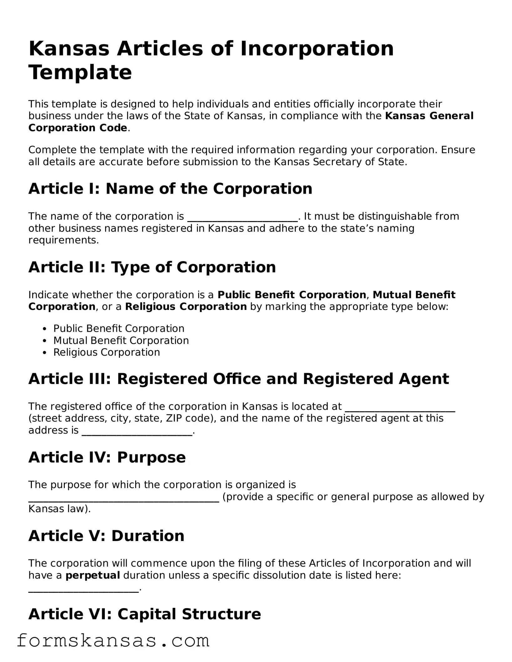 Free Articles of Incorporation Document for the State of Kansas