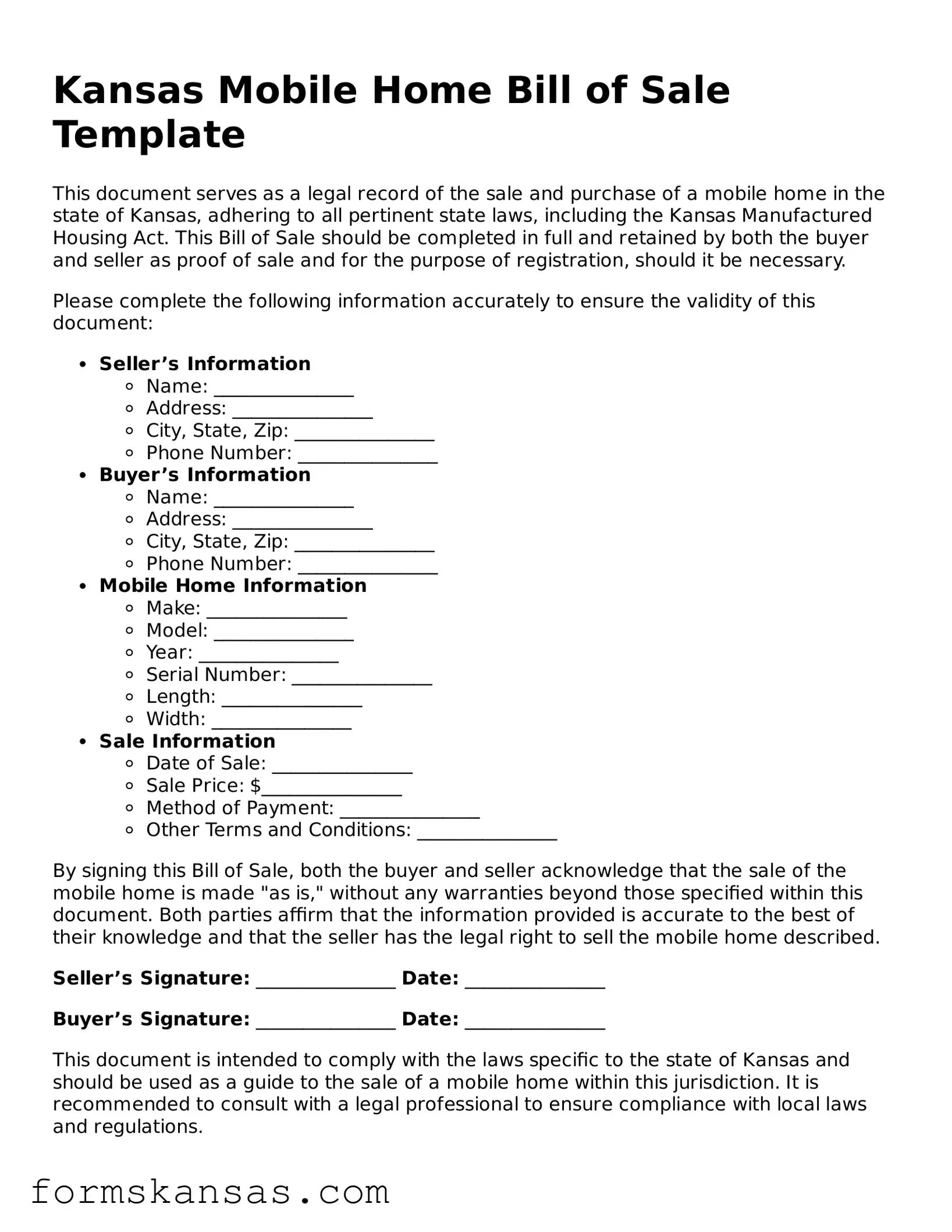 Free Mobile Home Bill of Sale Document for the State of Kansas