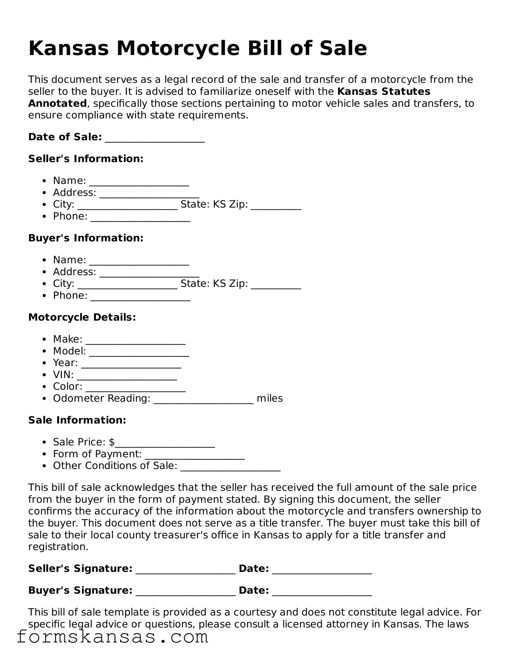 Free Motorcycle Bill of Sale Document for the State of Kansas