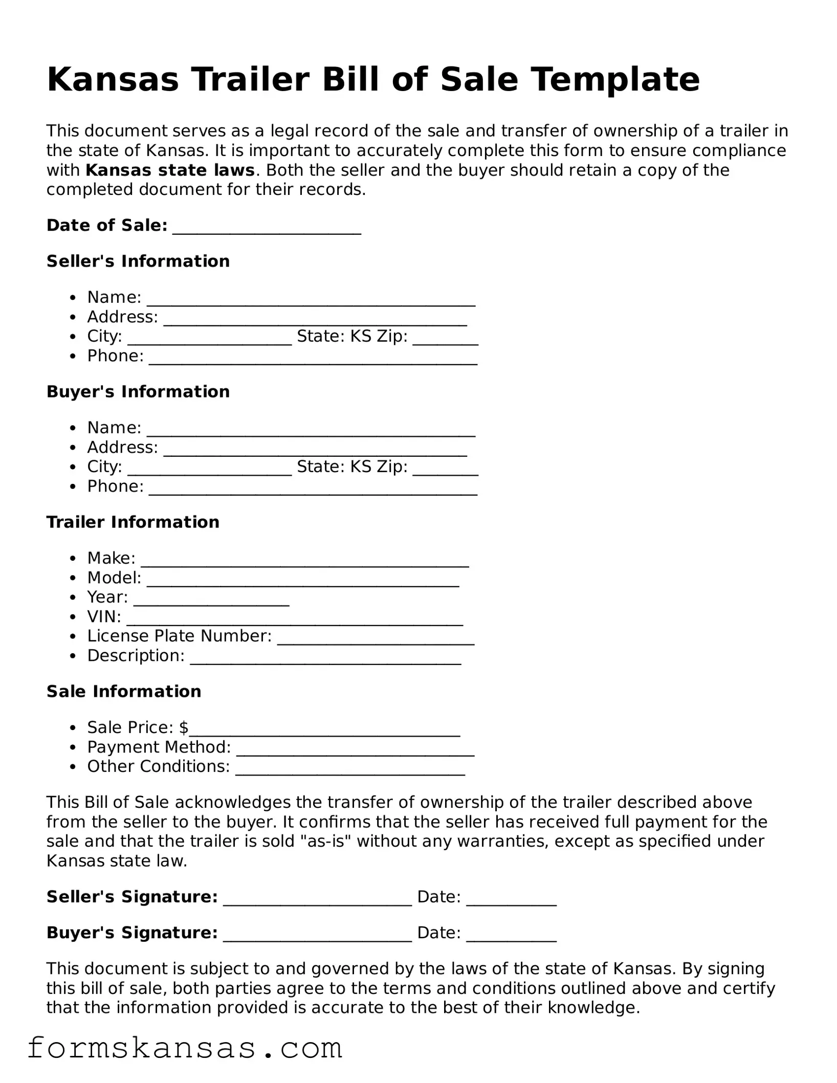 Free Trailer Bill of Sale Document for the State of Kansas