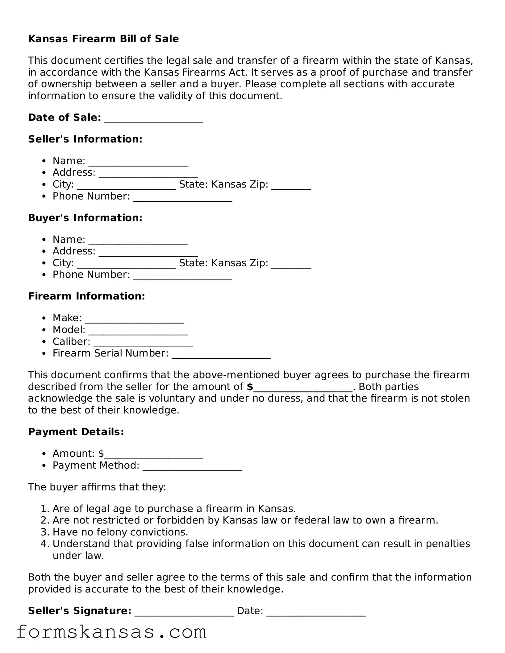 Free Firearm Bill of Sale Document for the State of Kansas