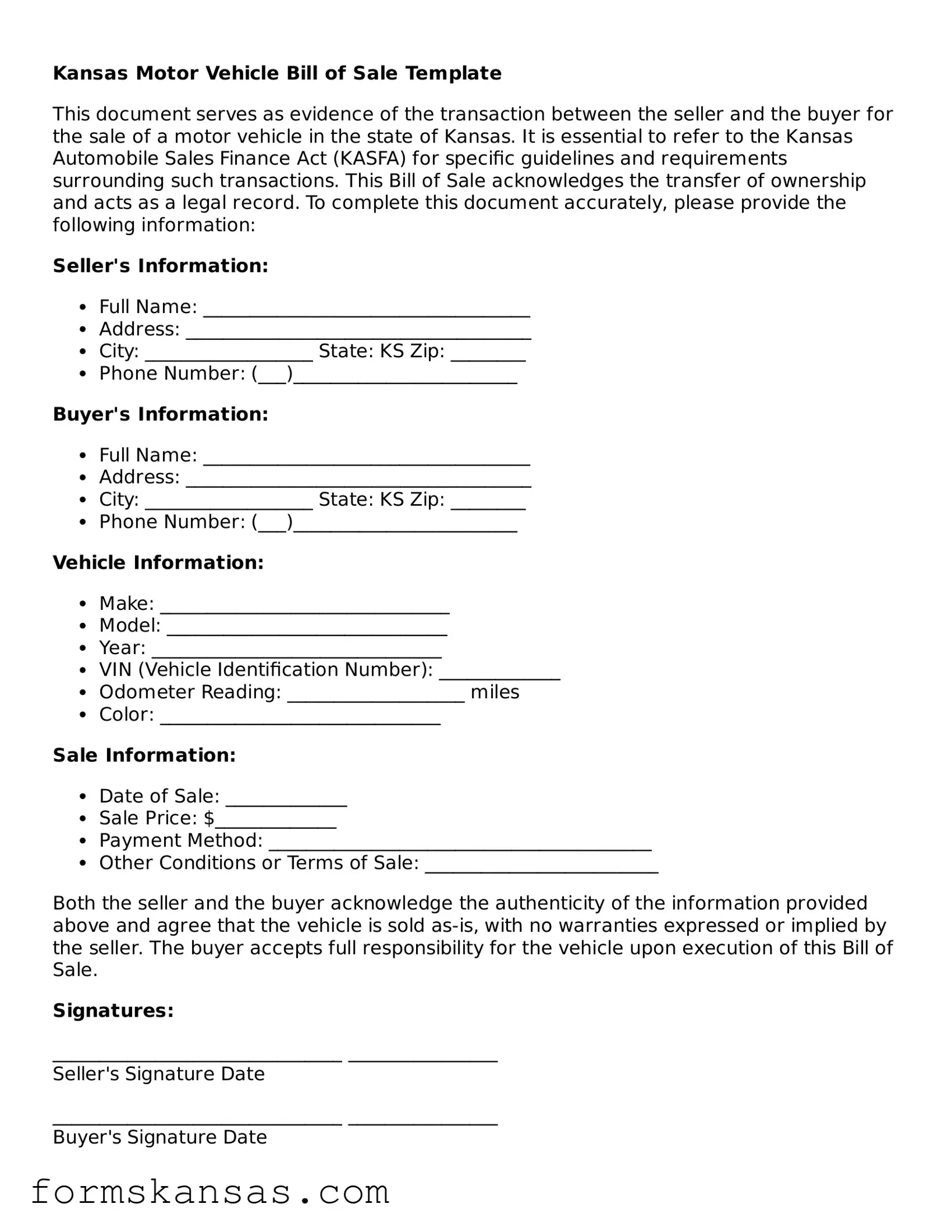 Free Motor Vehicle Bill of Sale Document for the State of Kansas