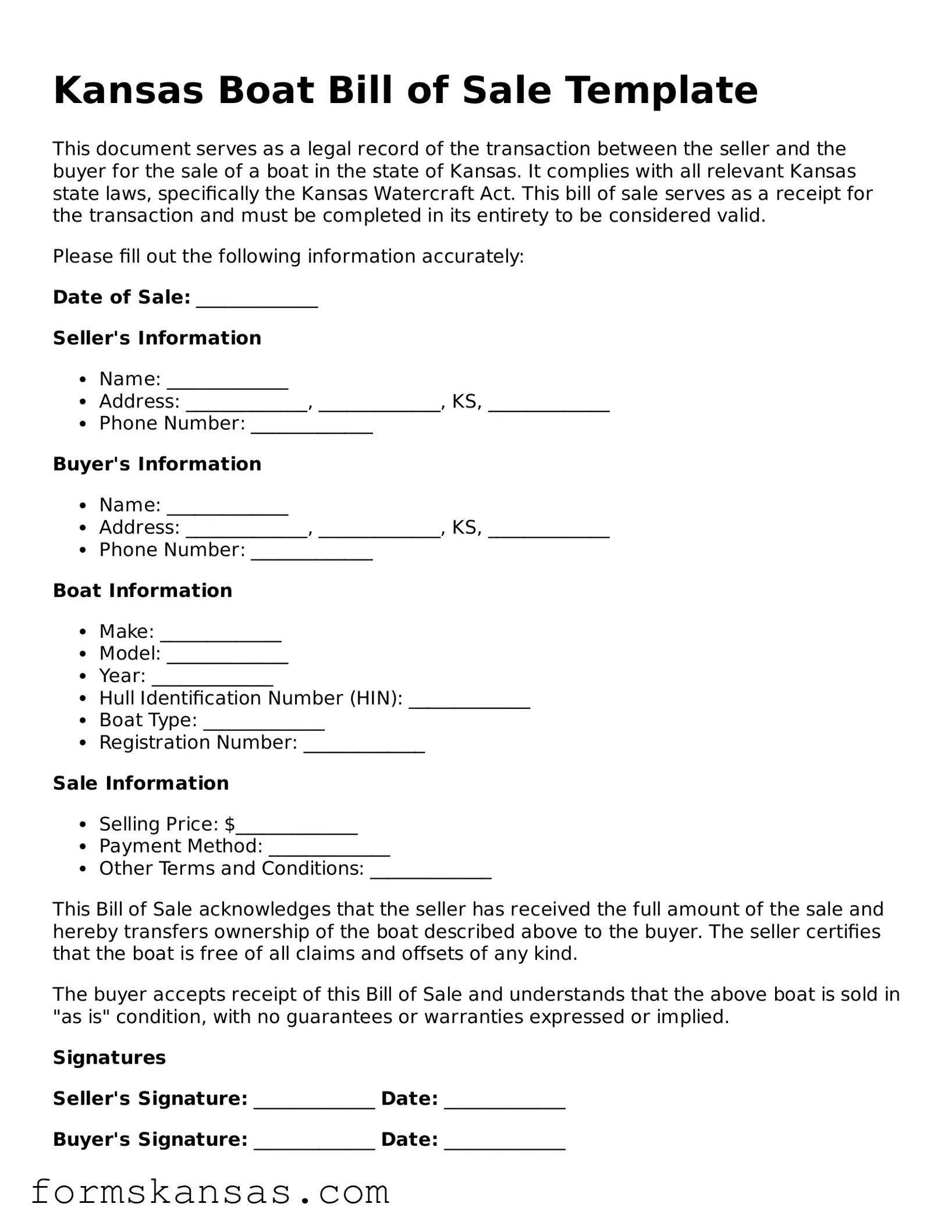 Free Boat Bill of Sale Document for the State of Kansas