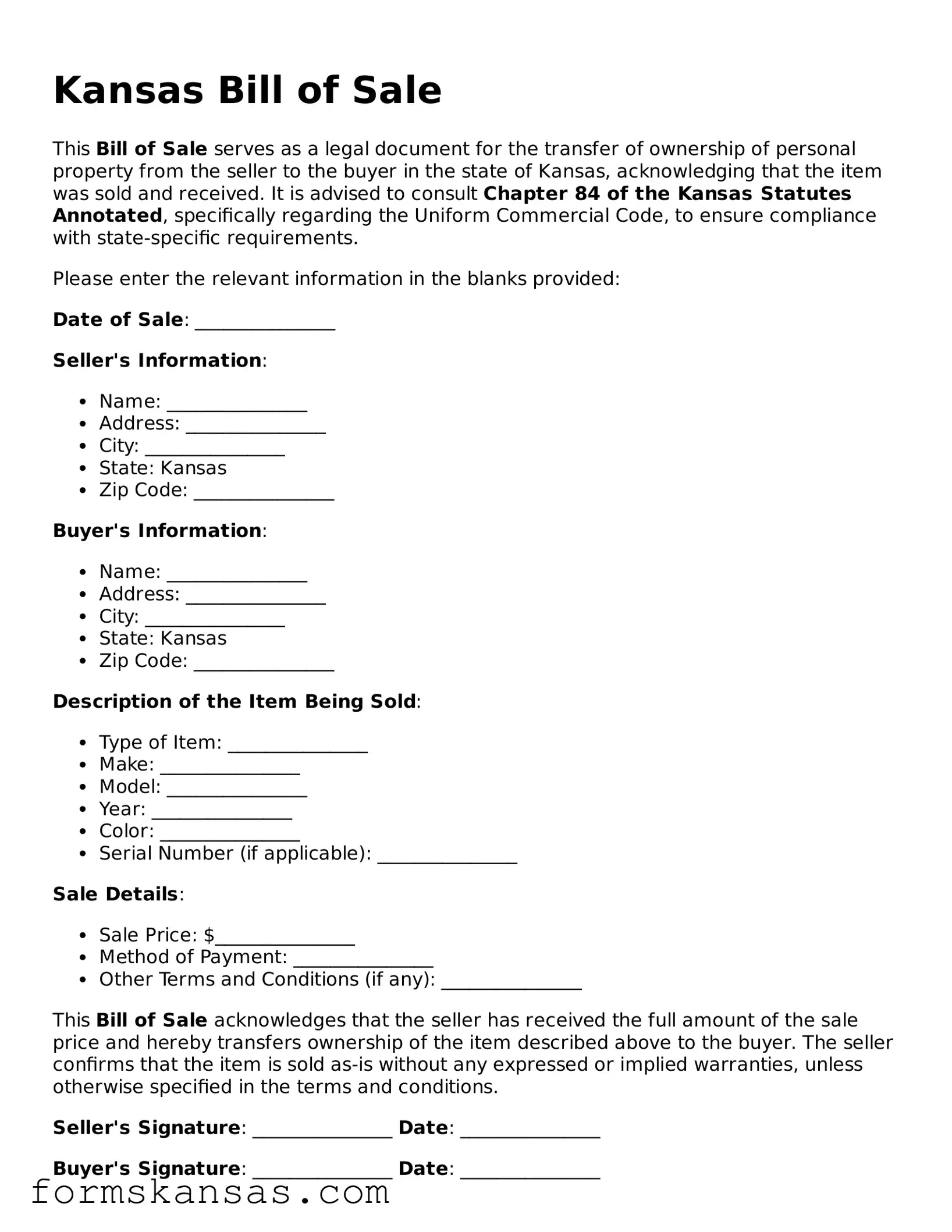 Free Bill of Sale Document for the State of Kansas