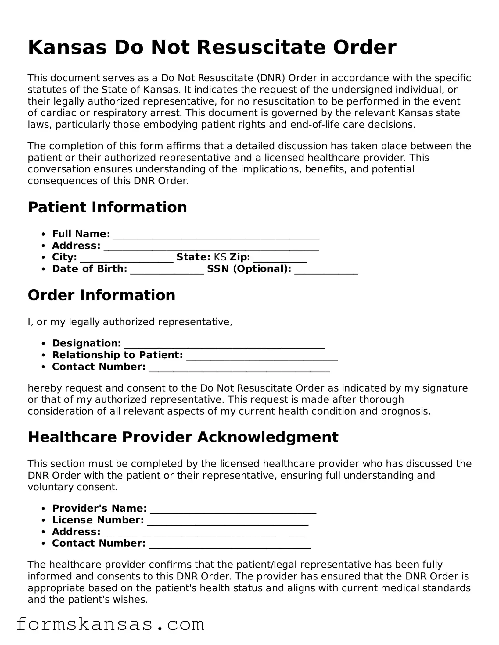 Free Do Not Resuscitate Order Document for the State of Kansas