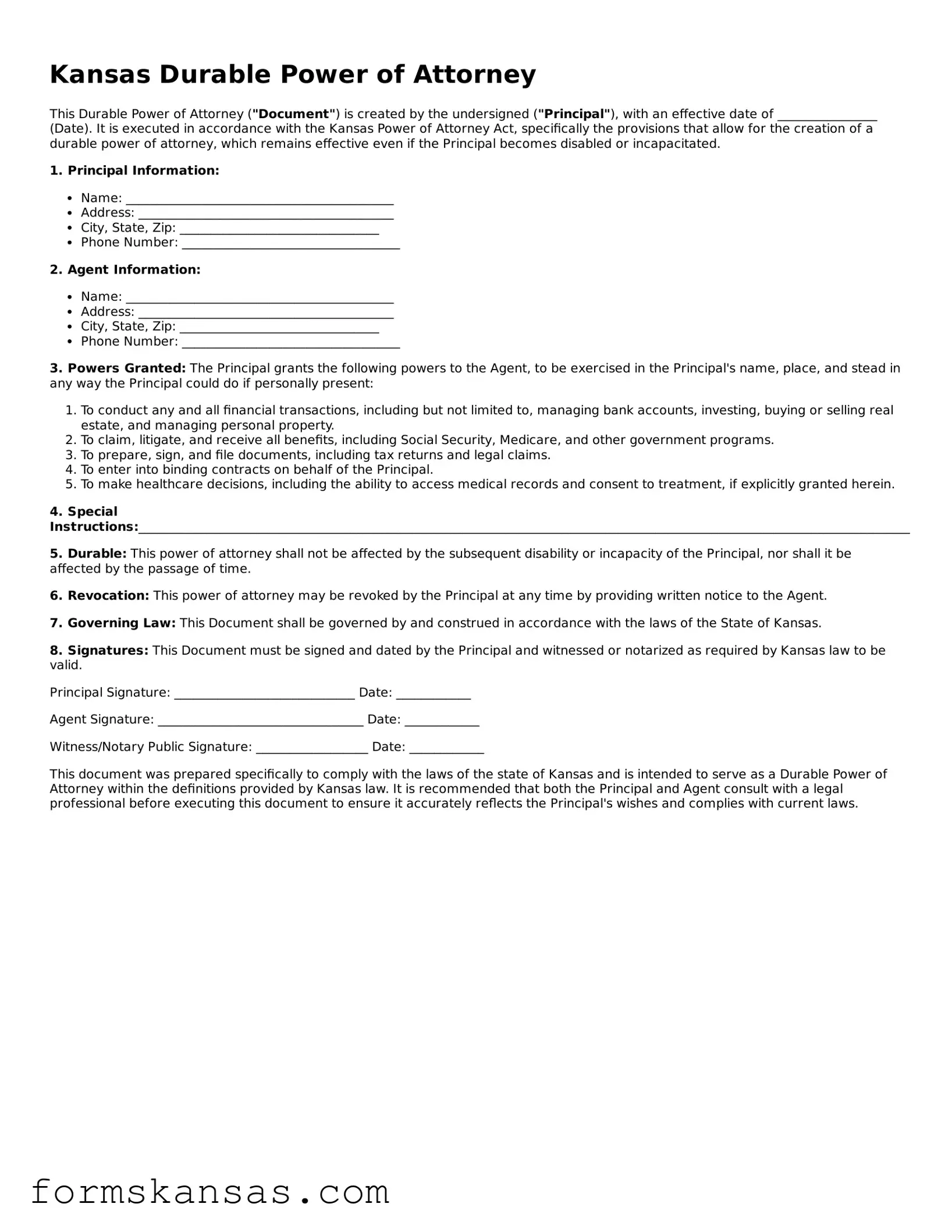 Free Durable Power of Attorney Document for the State of Kansas