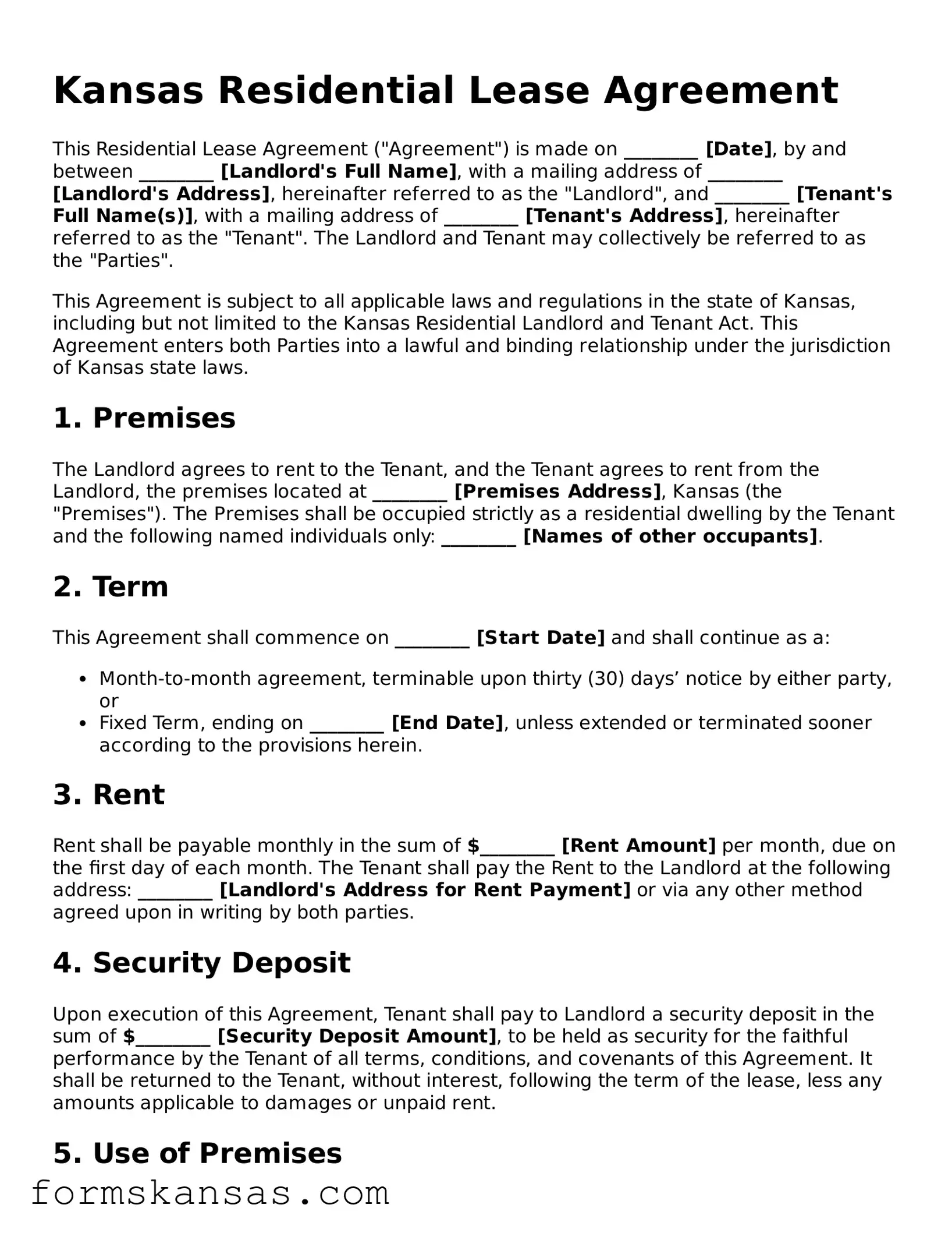 Free Residential Lease Agreement Document for the State of Kansas