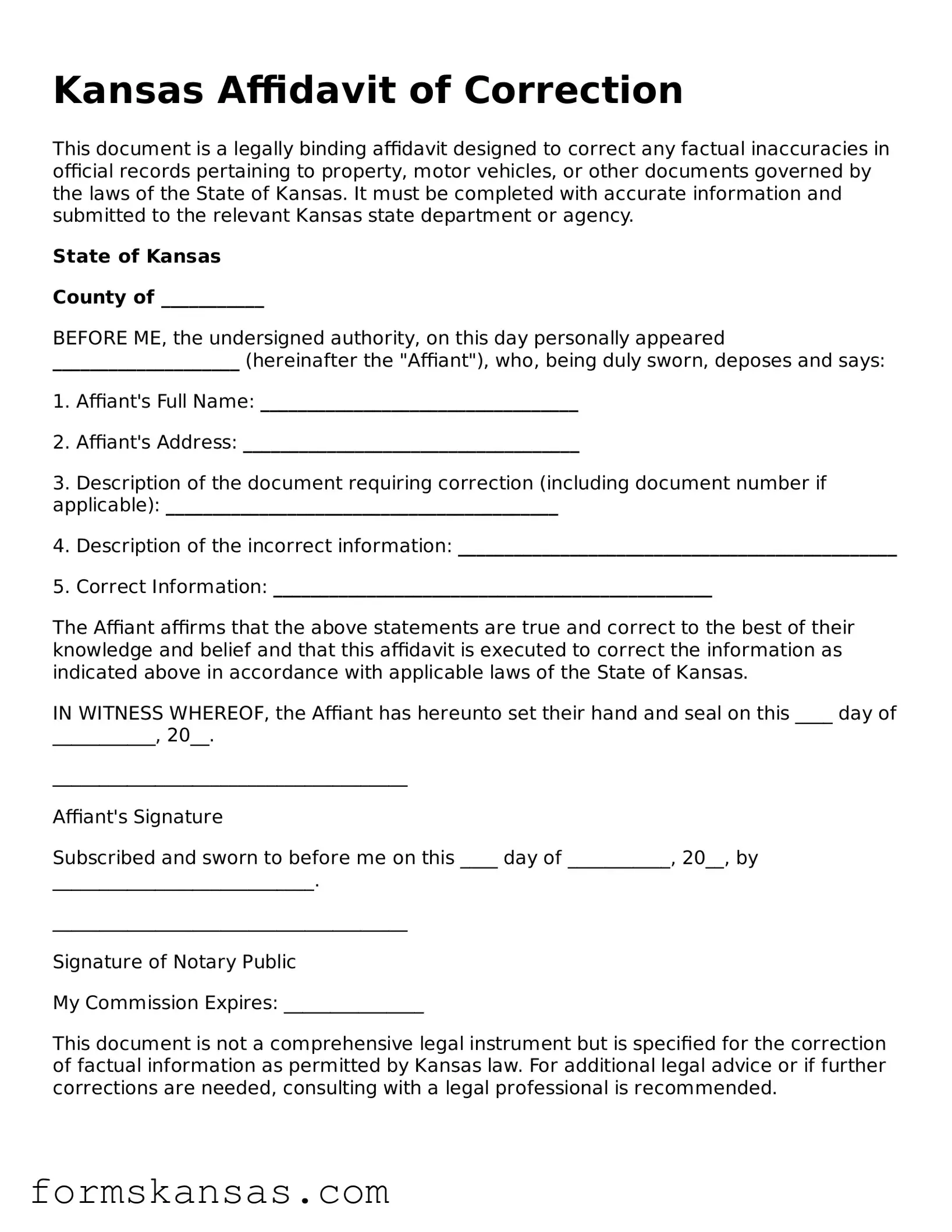 Free Affidavit of Correction Document for the State of Kansas