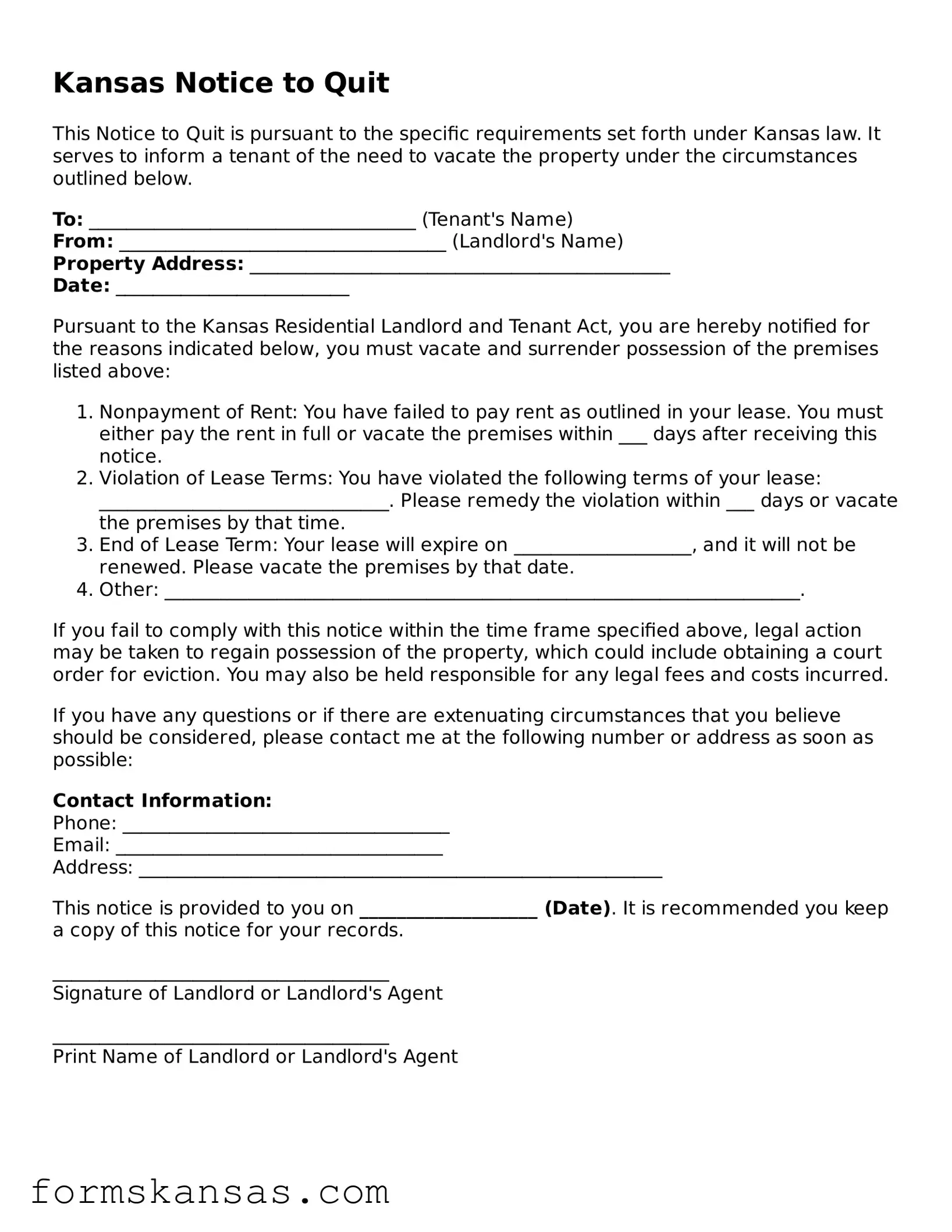 Free Notice to Quit Document for the State of Kansas