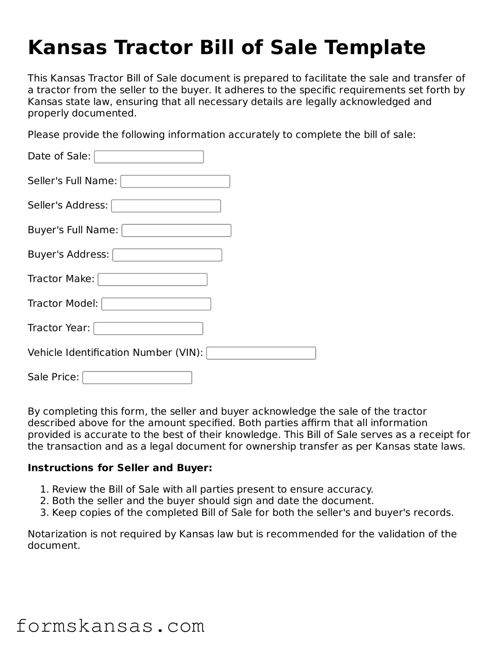 Free Tractor Bill of Sale Document for the State of Kansas