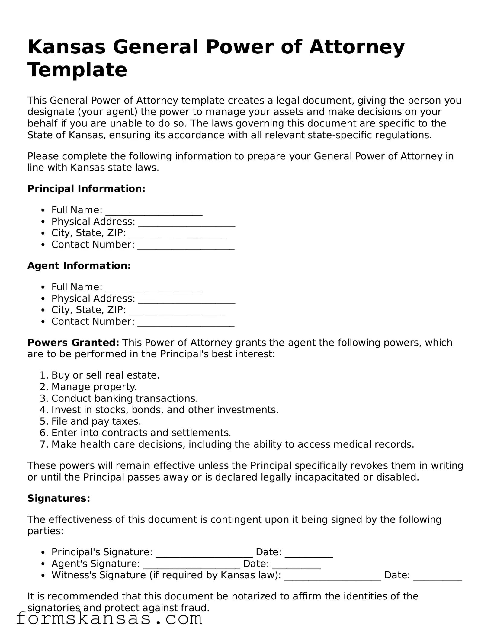 Free General Power of Attorney Document for the State of Kansas