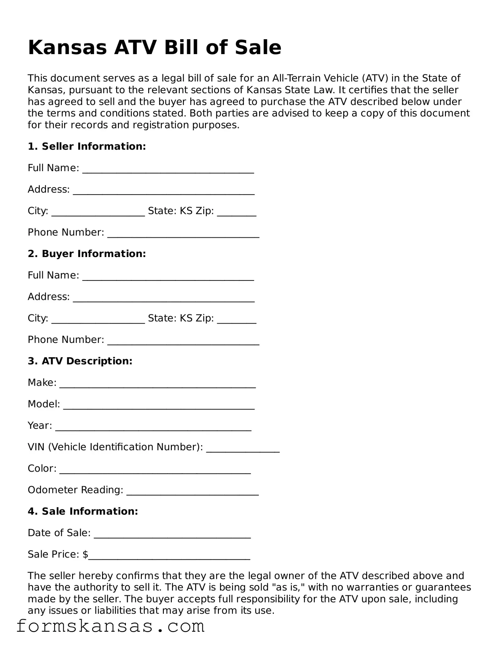Free ATV Bill of Sale Document for the State of Kansas