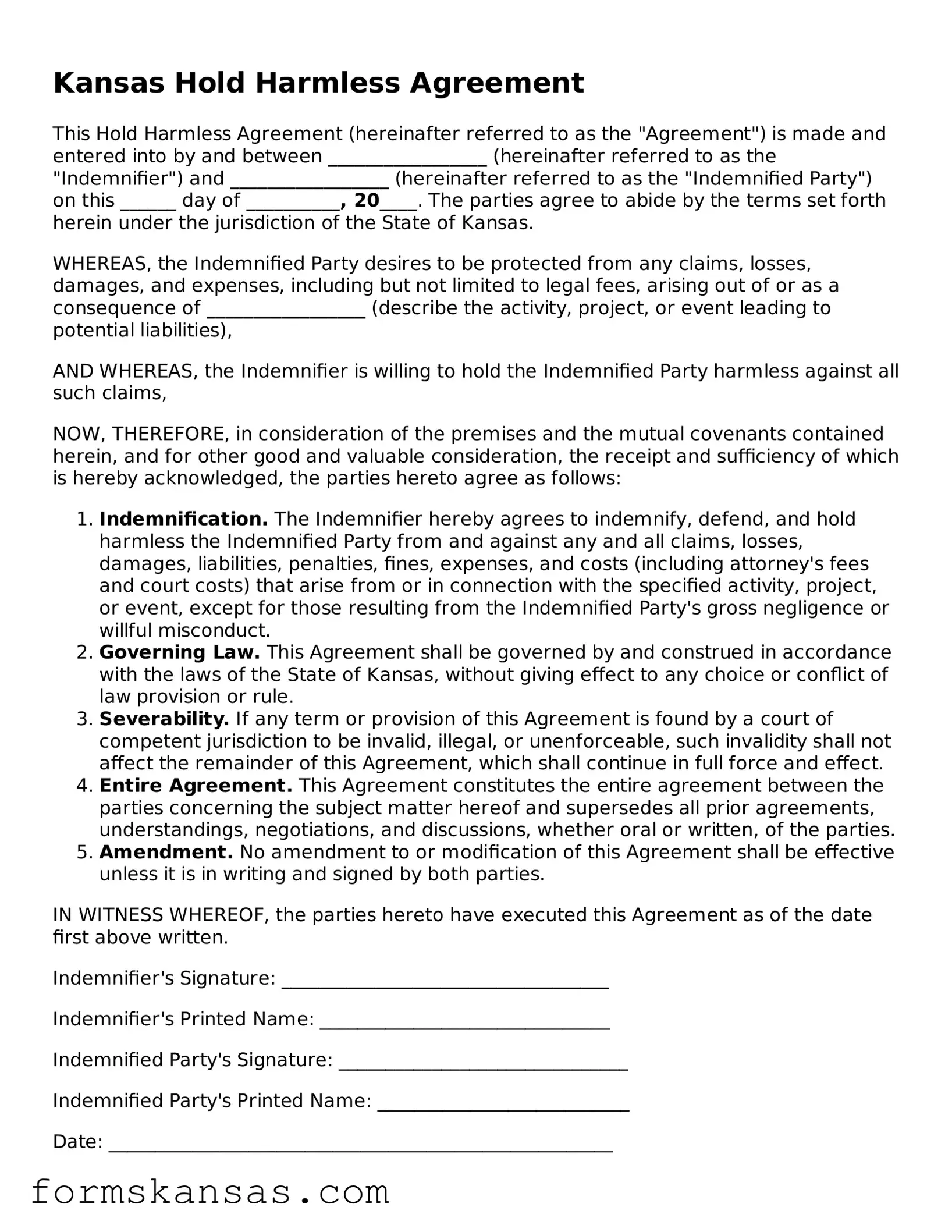 Free Hold Harmless Agreement Document for the State of Kansas