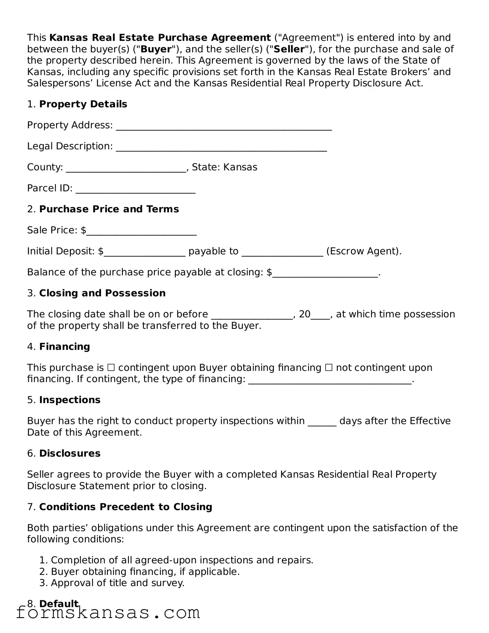 Free Real Estate Purchase Agreement Document for the State of Kansas