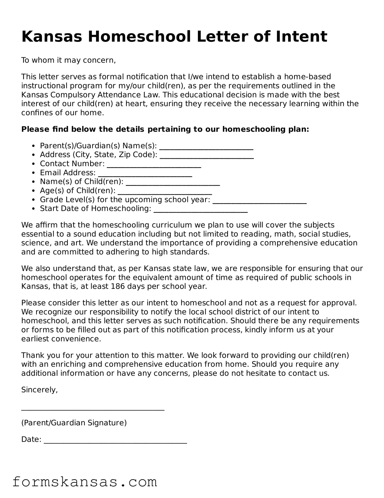 Free Homeschool Letter of Intent Document for the State of Kansas