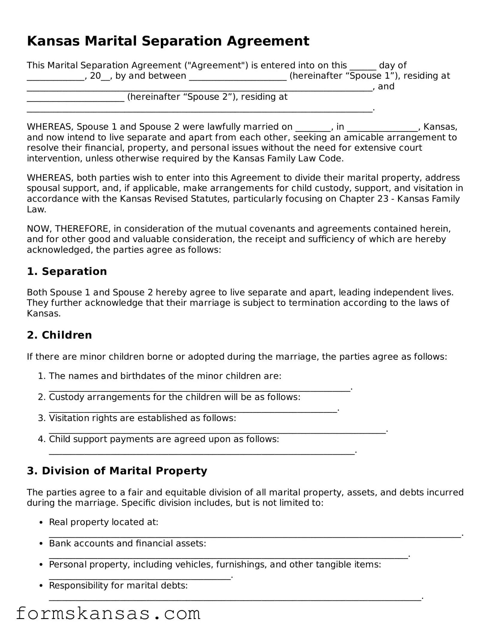Free Marital Separation Agreement Document for the State of Kansas