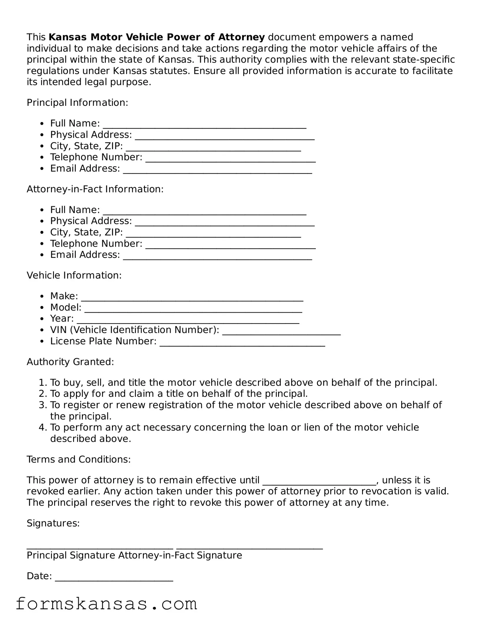 Free Motor Vehicle Power of Attorney Document for the State of Kansas