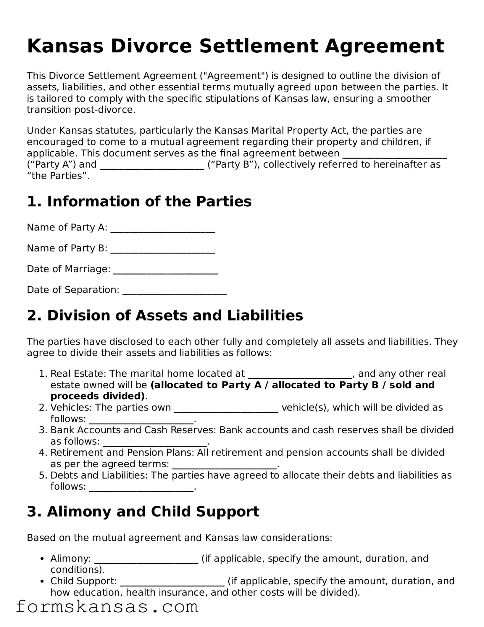 Free Divorce Settlement Agreement Document for the State of Kansas