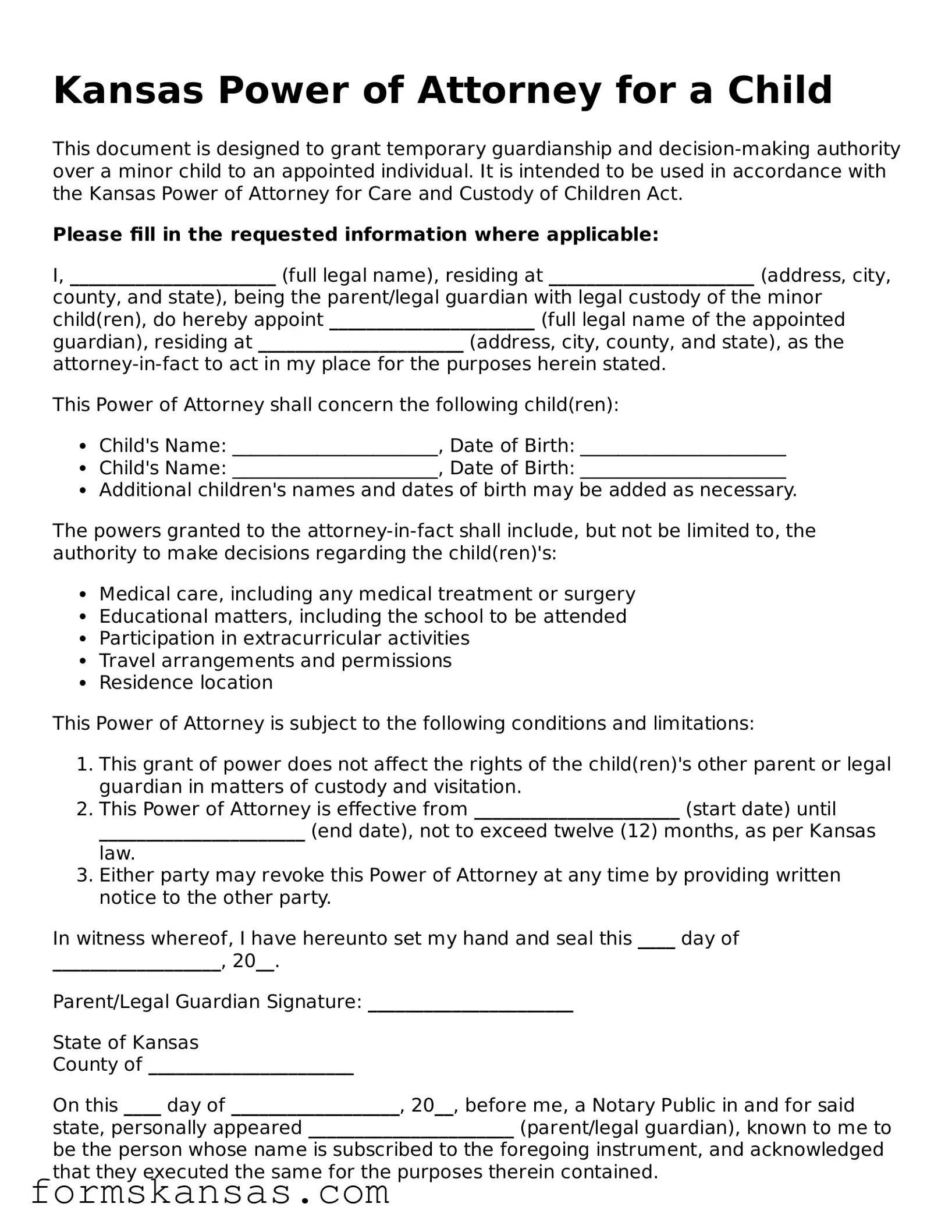 Free Power of Attorney for a Child Document for the State of Kansas