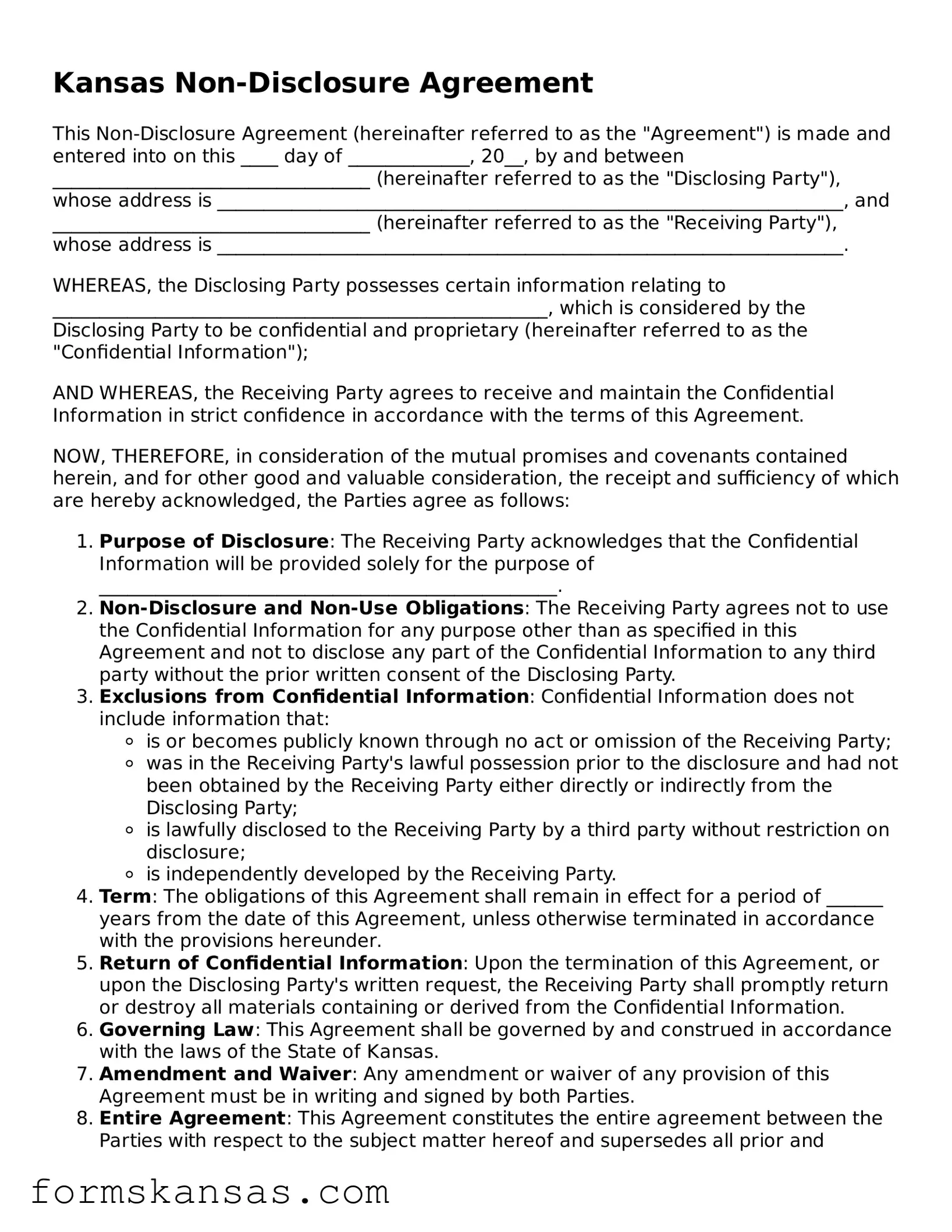 Free Non-disclosure Agreement Document for the State of Kansas
