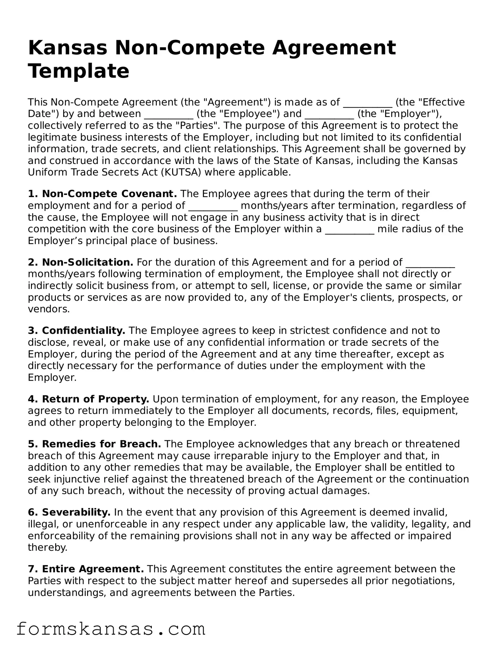 Free Non-compete Agreement Document for the State of Kansas