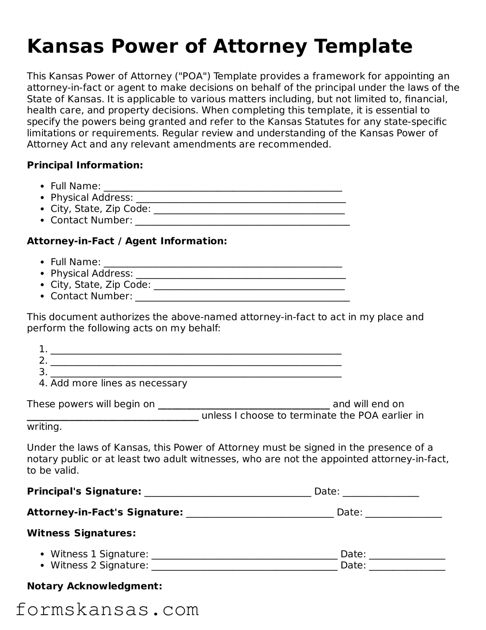 Free Power of Attorney Document for the State of Kansas