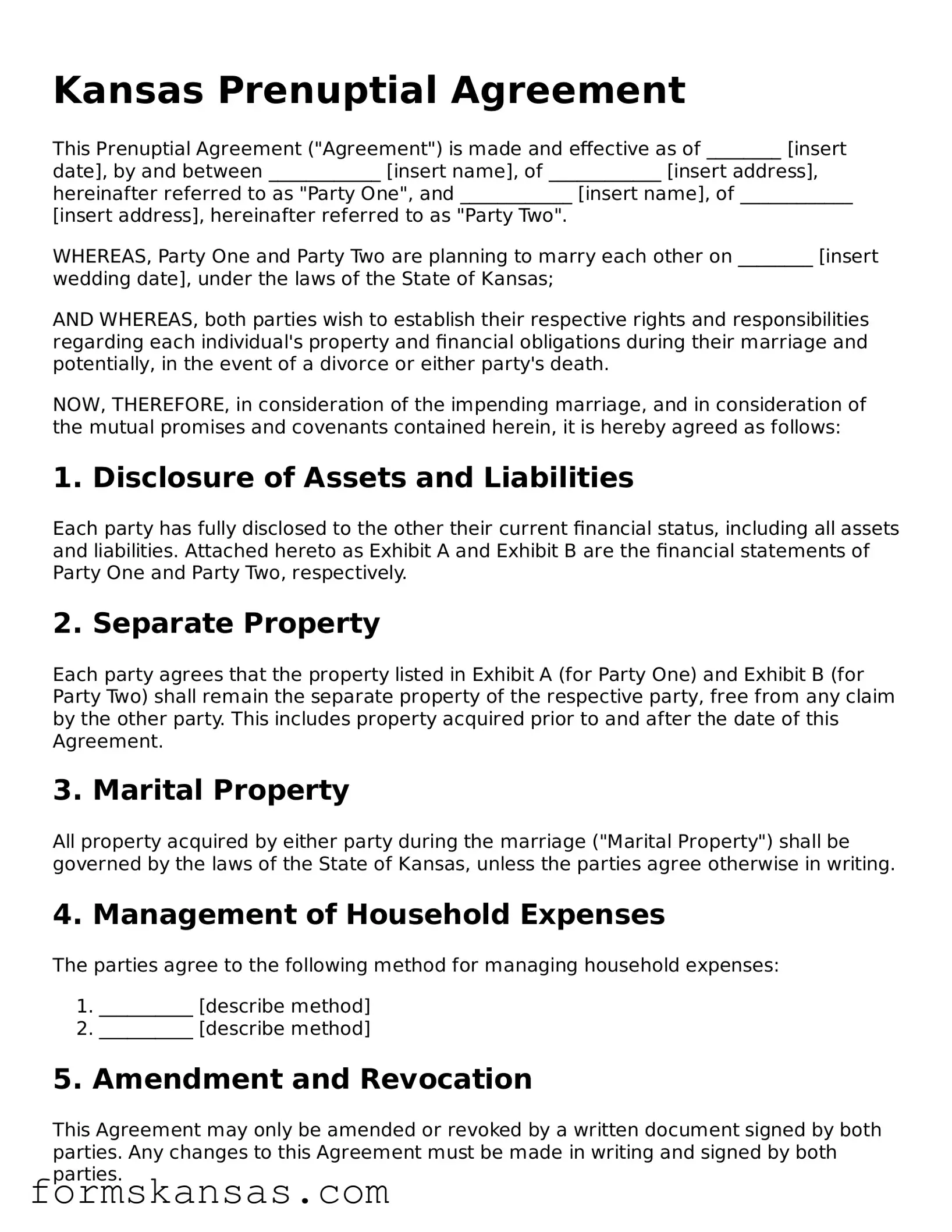 Free Prenuptial Agreement Document for the State of Kansas