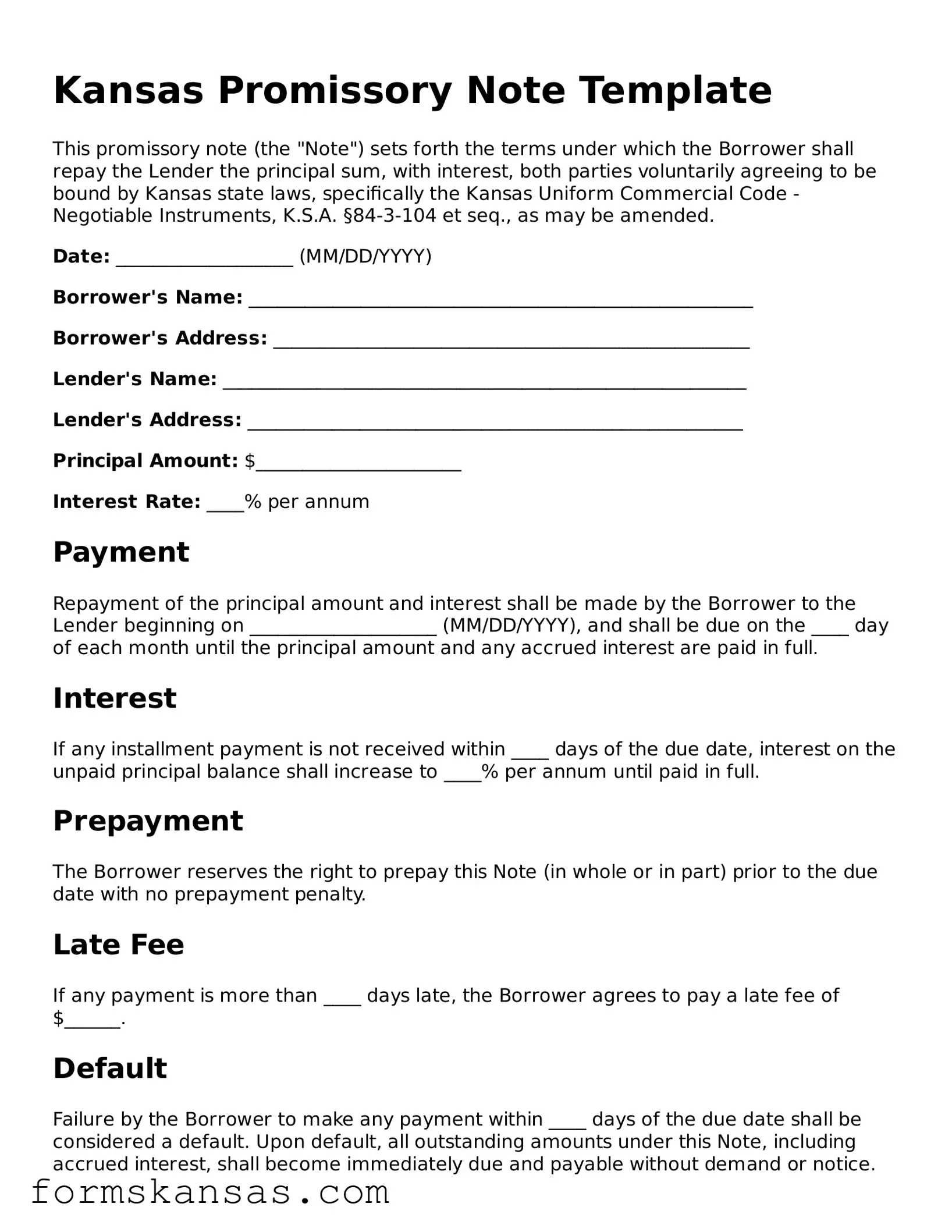 Free Promissory Note Document for the State of Kansas