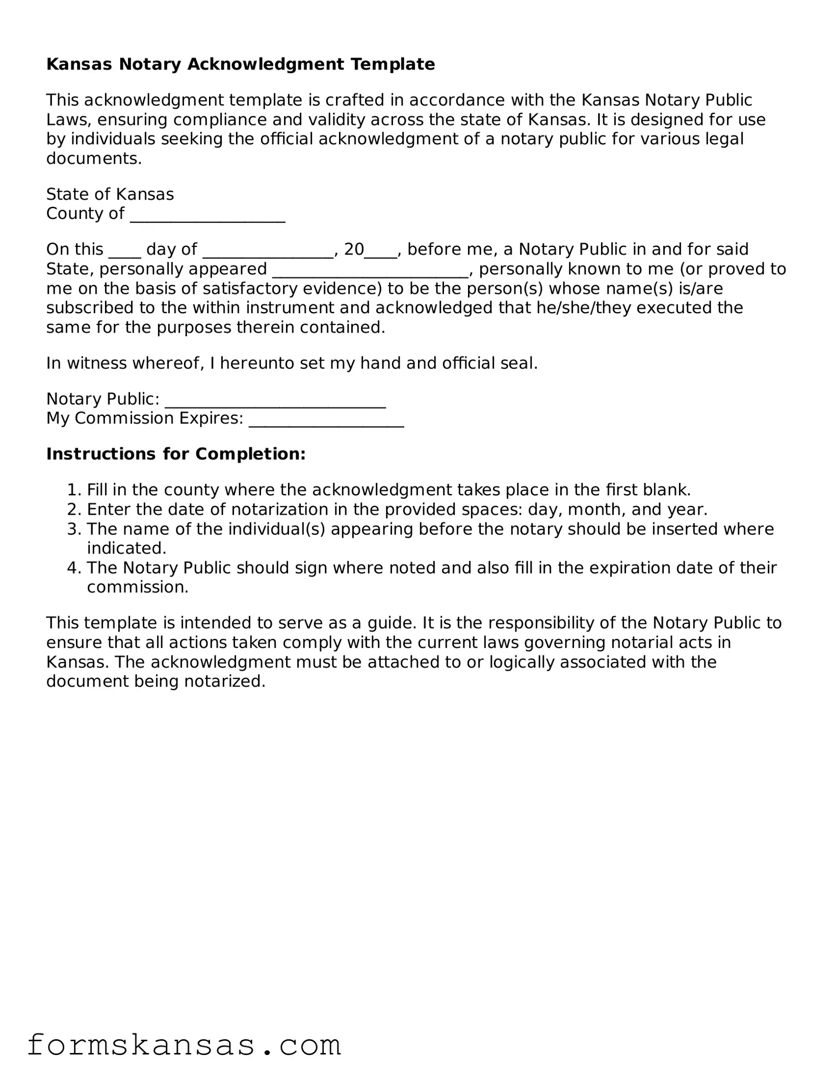 Free Notary Acknowledgement Document for the State of Kansas