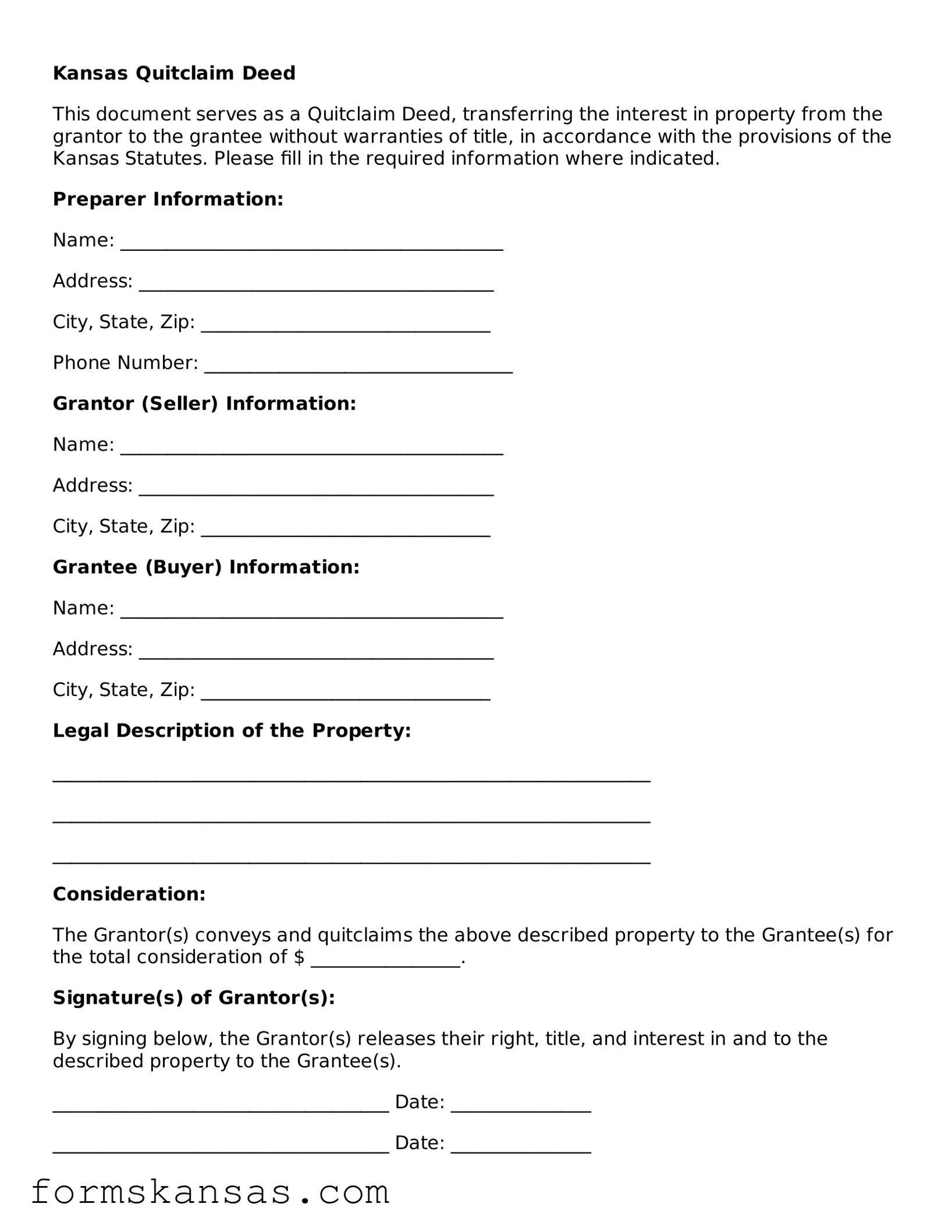 Free Quitclaim Deed Document for the State of Kansas