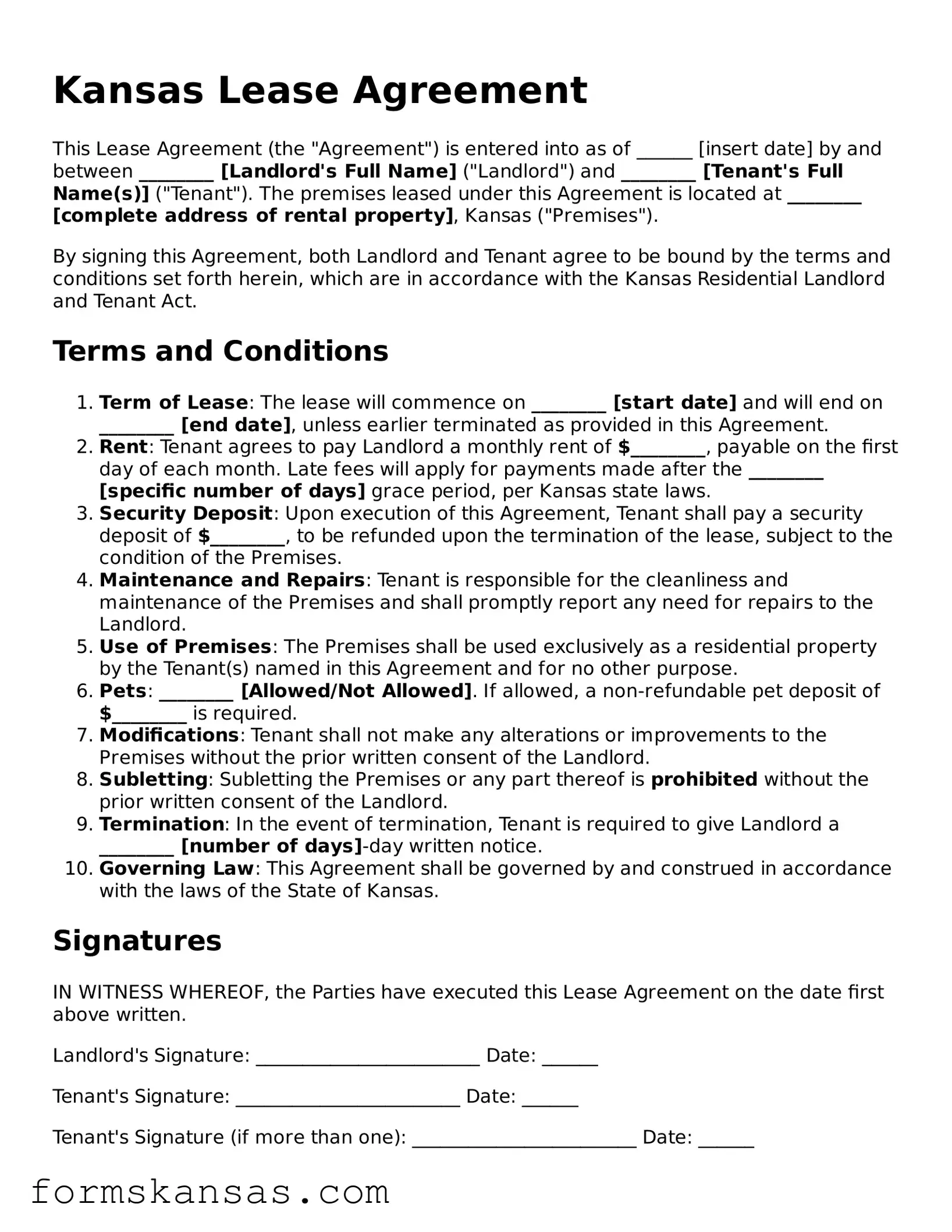 Free Lease Agreement Document for the State of Kansas