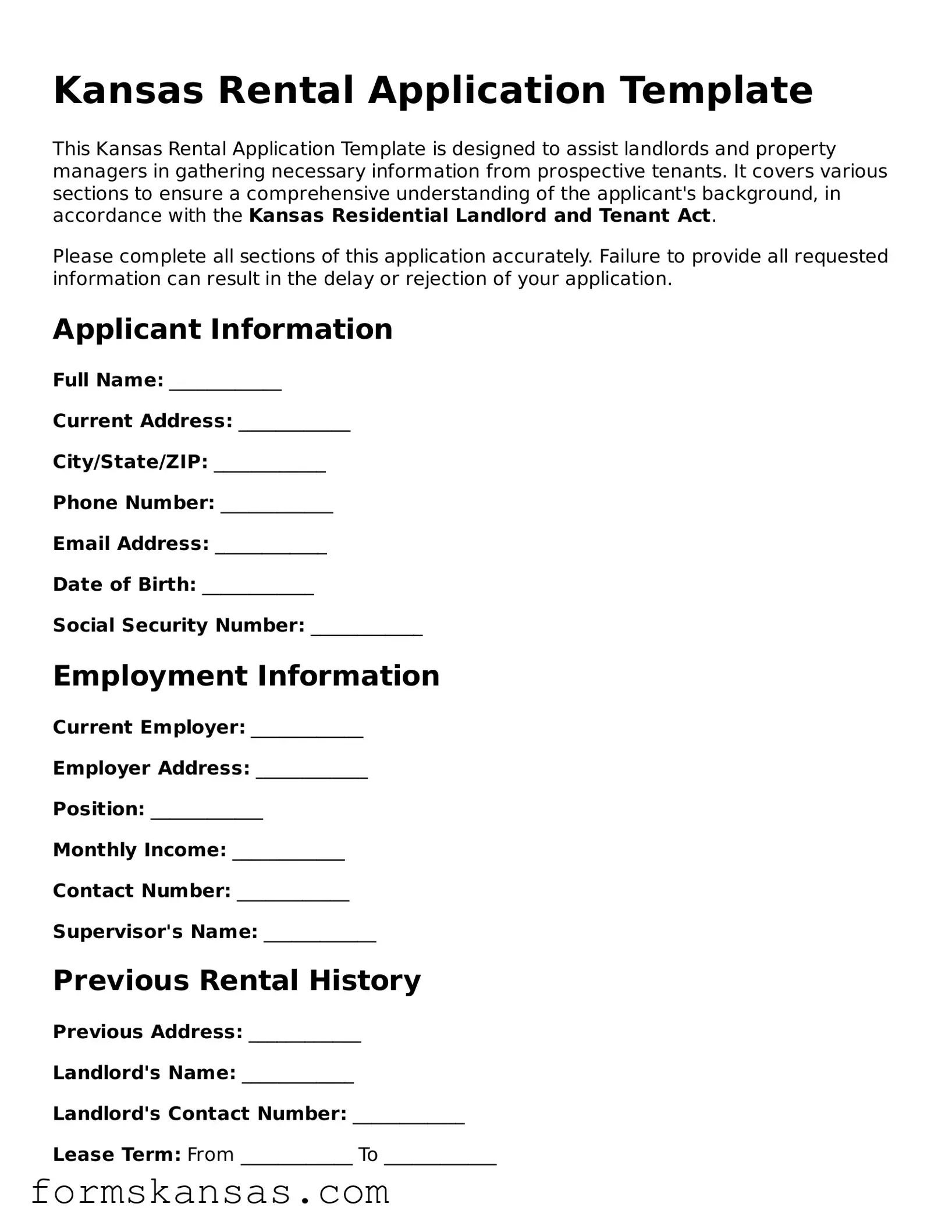 Free Rental Application Document for the State of Kansas