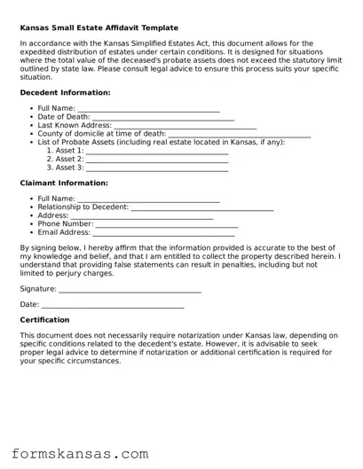Free Small Estate Affidavit Document for the State of Kansas