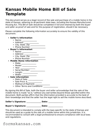 Free Mobile Home Bill of Sale Document for the State of Kansas