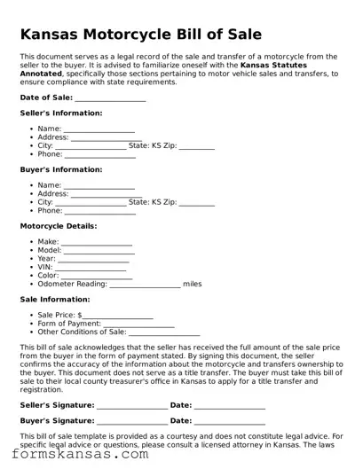 Free Motorcycle Bill of Sale Document for the State of Kansas