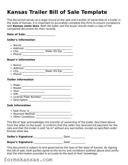 Free Trailer Bill of Sale Document for the State of Kansas