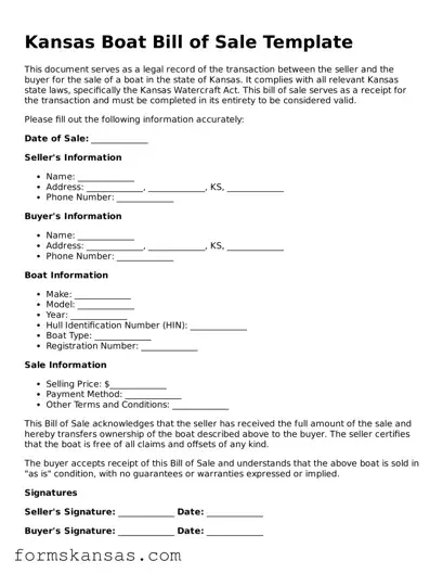 Free Boat Bill of Sale Document for the State of Kansas