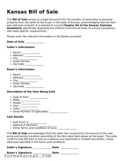 Free Bill of Sale Document for the State of Kansas