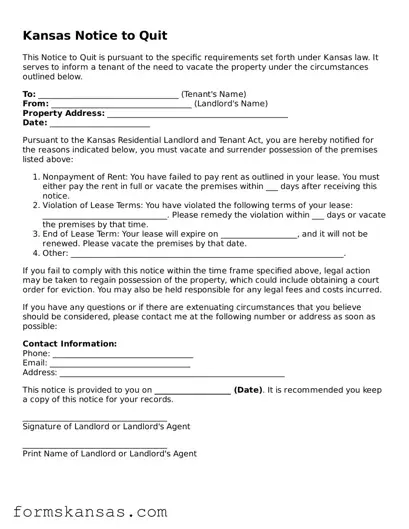 Free Notice to Quit Document for the State of Kansas