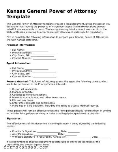 Free General Power of Attorney Document for the State of Kansas