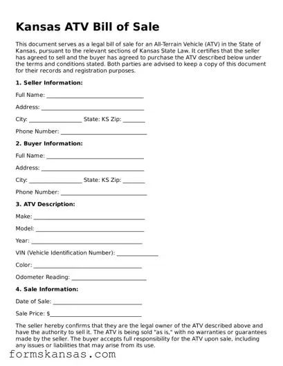 Free ATV Bill of Sale Document for the State of Kansas