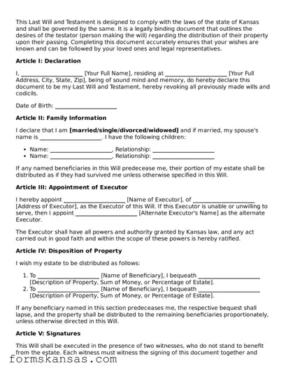 Free Last Will and Testament Document for the State of Kansas