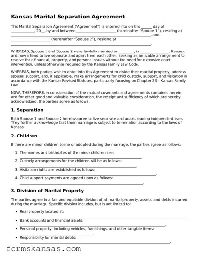 Free Marital Separation Agreement Document for the State of Kansas
