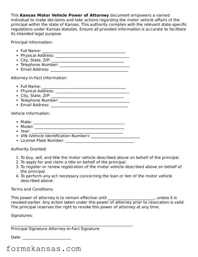 Free Motor Vehicle Power of Attorney Document for the State of Kansas