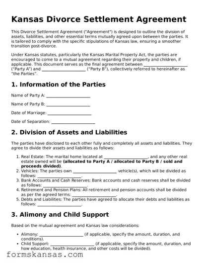Free Divorce Settlement Agreement Document for the State of Kansas